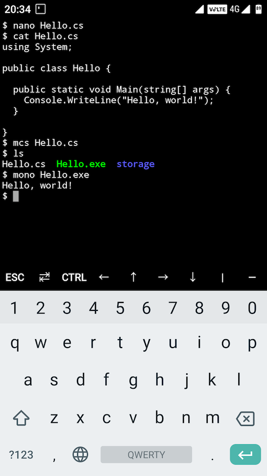 .net hello world with termux on android