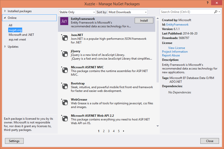 Visual Studio NuGet 包管理对话框